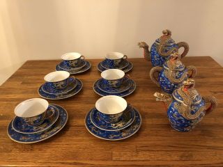 Antique 21 piece Nagoya Cobalt Blue Dragonware Tea Set 1920 - 1930 2