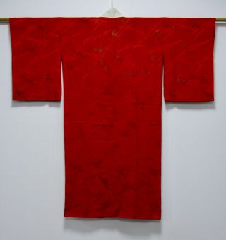 Japanese Kimono Silk Antique Juban / Red / Crane / Chirimen Silk Fabric /37