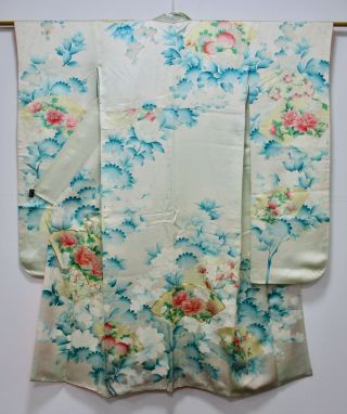 Japanese Kimono Silk Furisode / Fan & Flower / Kinkoma Embroidery /34