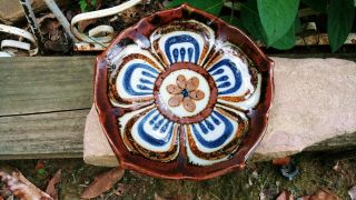 Vtg Palomar Ken Edwards Mexican Pottery Lotus 6 3/4 " Plate Gray W/ Blue & Brown