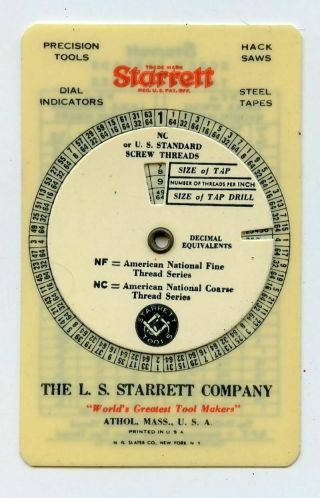 1936 Starrett Screw Threads & Tap Drill Sizes Circular Calcular Athol Mass