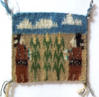 Pictorial Miniature Navajo Rug Weaving Two Yei & Three Corn Plants 3.  9x4.  2