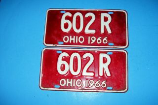 Vintage Set Of (2) 1966 Ohio License Plates.  602 R.  Red & White