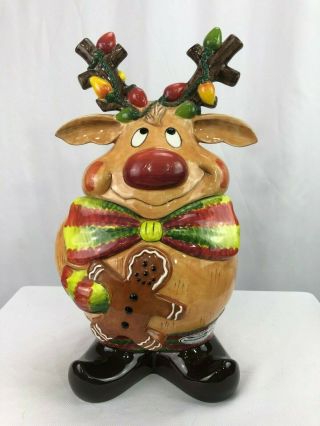 Clay Art 2003 Red Nose Reindeer Christmas Cookie Jar Hand Painted 14 1/2 "