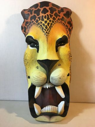 Boruca Wood Carved Leopard Mask Signed Santos Lazaros Hand Painted Costa Rica