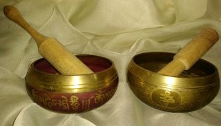 Vtg Brass Mortar And Pestle Bowls Heavy Apothecary Herbs Wooden Wood 2 Indian