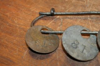 4 Antique Mine Tags Checks Coal Miner Mining 81 on Squirrel Pin 1 Brass 3 Steel 2