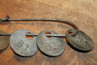 4 Antique Mine Tags Checks Coal Miner Mining 81 on Squirrel Pin 1 Brass 3 Steel 3