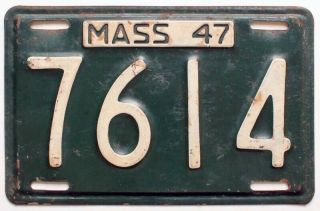 Massachusetts 1947 4 - Digit Shorty License Plate,  7614,  Low Number,  Quality