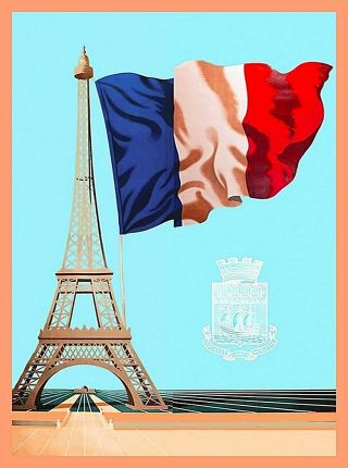 Paris France Eiffel Tower Flag Europe Vintage Wall Decor Travel Art Poster Print