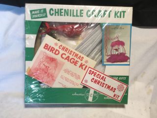 Vintage Fibre Craft Christmas Bird Cage Kit Red Tinsel Feather