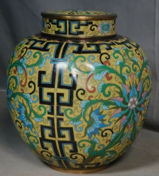 Antique Imperial Yellow Chinese Cloisonné Ginger Jar Black Accents Bold