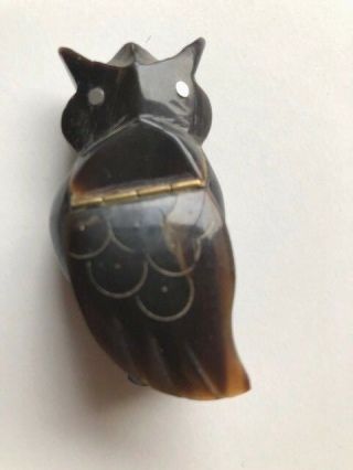 Carved Horn Snuffbox In Shape Of Owl With Moving Wing Silver Metal Eyes