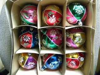 Box Of 9 Vintage Glass Christmas Ornaments Hand Painted