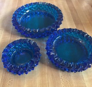 Vintage Blue Color Glass Ashtrays Set Of 3 Different Sizes Mid Century Modern