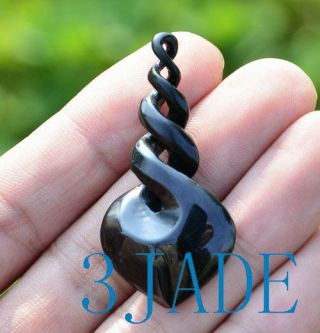 Natural Black Nephrite Jade Quad Twist Pendant Necklace Nz Maori Design Carving