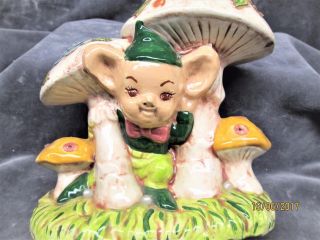 Vintage Ceramic Gnome Elf Under Mushrooms And Colored Flowers Figure