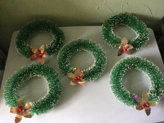 5 Bottle Brush Wreaths Christmas 8” With Foil Leaves And Berries Flocked