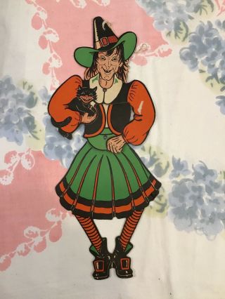 Vintage Beistle Halloween Die Cut Jointed Witch With Black Cat Usa 14”
