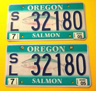 Authentic Oregon Salmon License Plate Pair Sl No.  32180 Tagged 2005 Dmv