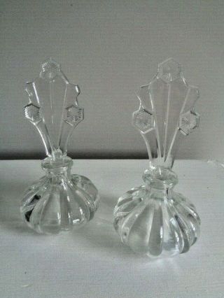 Vintage Art Deco Clear Glass Perfume Bottle Set Of 2 Vanity Decor 6 3/4 In Each