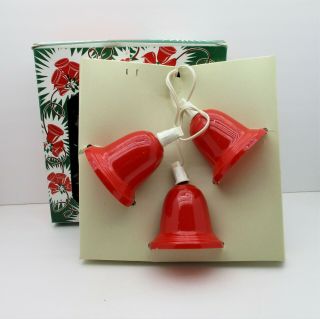 Vintage Christmas 3 Red Bell String Lighted Set 3 " Hard Plastic Box