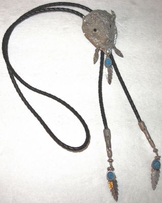 Vintage Native American Bolo Tie Buffalo Bison Slide W/feathers And Stones Nr