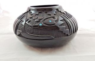 Kinlicheni Navajo Pottery Black Pot Vase W/ Turquoise Inlay