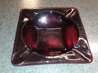 Vintage Glass Ashtray Dark Ruby Red Square 5.  75 " Retro Cigarette Barware