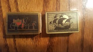 2 Vintage Antique Metal Wood Match Box - Ship & Horse Drawn Carriage