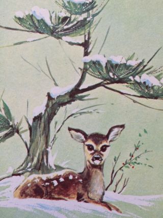 Vintage Little Fawn Taking Shelter Christmas Greeting Card