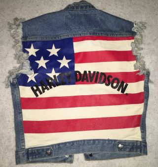 Harley Davidson Denim Vest Mens 100 Cotton Blue Usa Flag Graphic Sleeveless