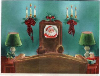 Retro Santa Claus Television Tv Lady Girl Glitter Vtg Christmas Greeting Card