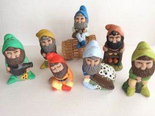 Vintage Set Of 7 Ceramic Gnomes Elves Dwarfs Small Mini,  Fairy Flower Garden