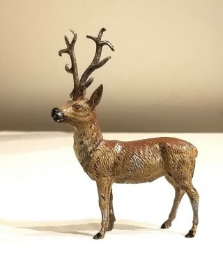 Third Early 1900s Miniature Pot Metal Reindeer With Lead Antlers.  Putz,  Nativity