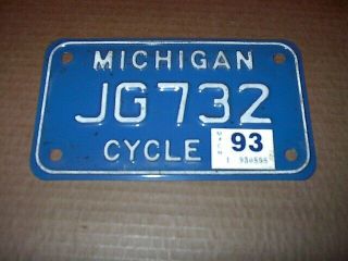 1993 Michigan Motorcycle License Plate Blue Base Tag Jg732