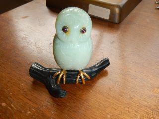 Antique Carved Stone Jade Perched Great Horned Barn Owl Bird Figurine Garnet Eye