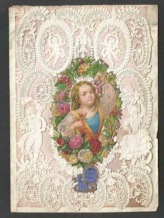 Z69 - Victorian Paper Lace Valentine Card - Ingram - Lady With Wine Scrap