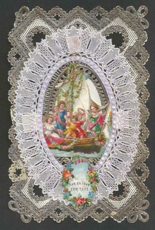Z59 - Victorian Paper Lace Valentine Card - Fairies In Love Boat Scrap