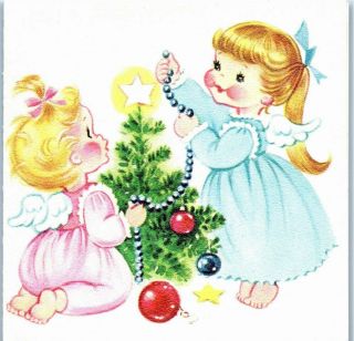 Pink Blue Pretty Angel Girl Lady Ornament Vtg Christmas Greeting Card