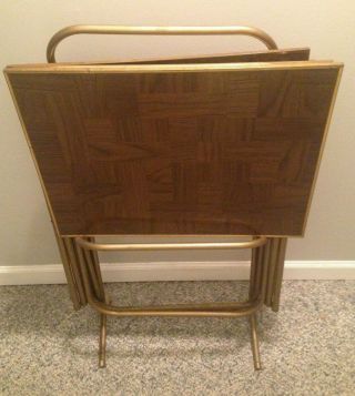 Vintage Set Of 4 Tv Trays Snack With Carrier Rack Woodgrain Brass Mid Century
