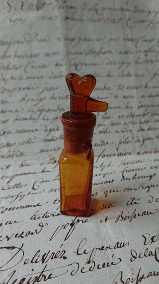 Sweet Antique French Amber Glass Chemist Apothecary Bottle & Heart Lid C1880