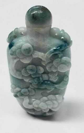 Unique Chinese White & Green Jade Detailed Carvings Snuff Bottle Collectible