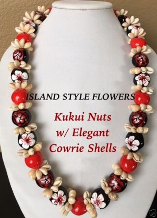 Hawaii Wedding Kukui Nut Lei W/ Cowrie Shell Graduation Luau Necklace - Red