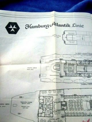 c.  1960 Hamburg Atlantic Line Ocean Liner Vintage Cabin Deck Plan S.  S.  HANSEATIC 3