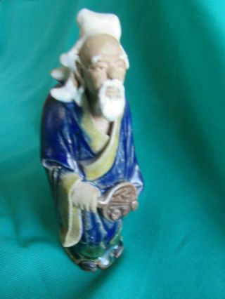 Old Chinese Mud Man Figure - Elder Holding Fan - 4