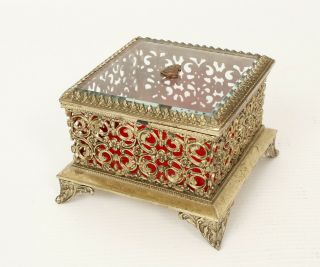 Vintage Jewelry Trinket Box Beveled Glass Top Brass Filigree Velvet Lined