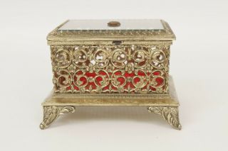 Vintage Jewelry Trinket Box Beveled Glass Top Brass Filigree Velvet Lined 2