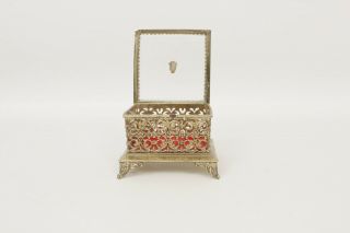 Vintage Jewelry Trinket Box Beveled Glass Top Brass Filigree Velvet Lined 3