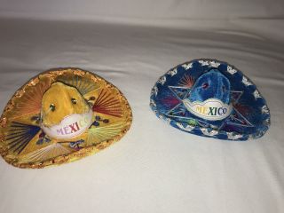 Two Souvenir Mini Sombreros From Mexico 6 Inch Yellow And Blue